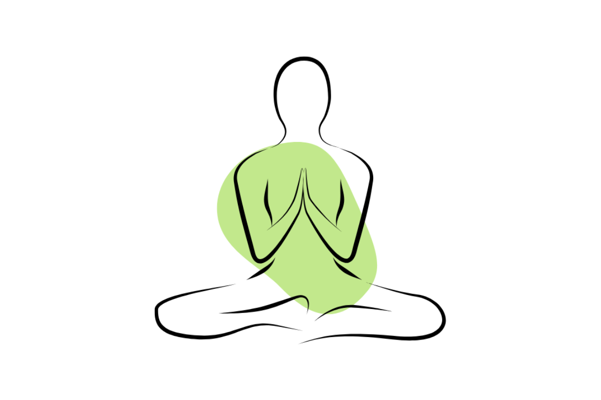 A minimalist line art illustration of a person sitting cross-legged with hands in a prayer pose, filled with a light green oval on a white background.