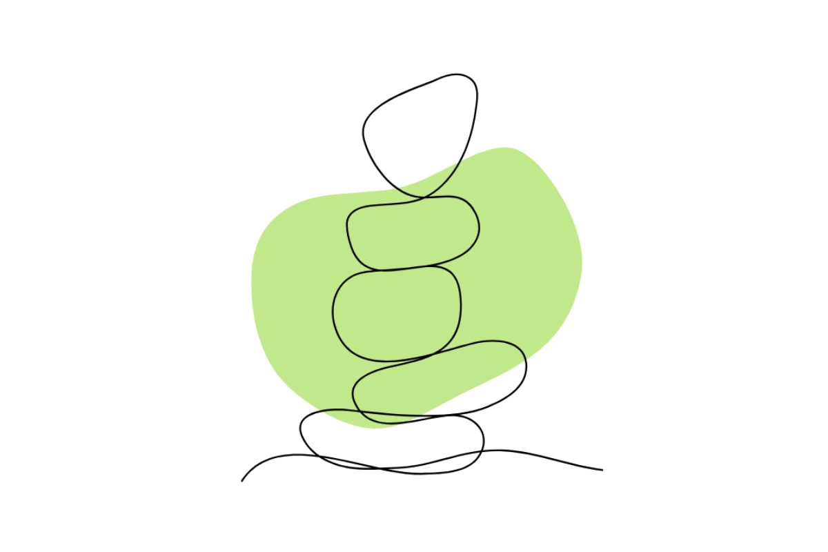 A minimalist black continuous-line drawing of stacked stones centered over a light green abstract shape on a plain white background.