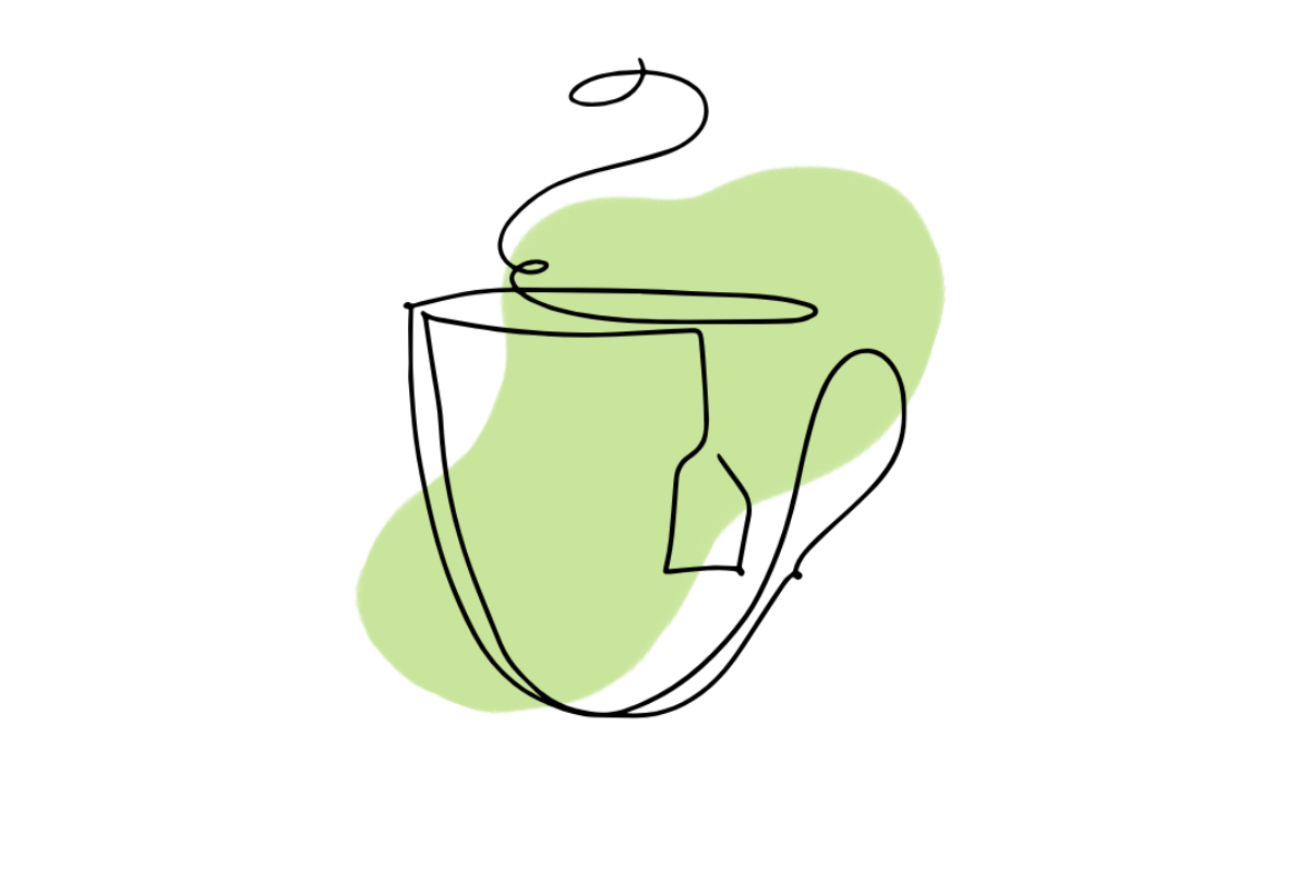 A minimalist black continuous-line drawing of a teacup with a tea bag tag and rising steam, centered over a soft light green abstract shape on a white background.